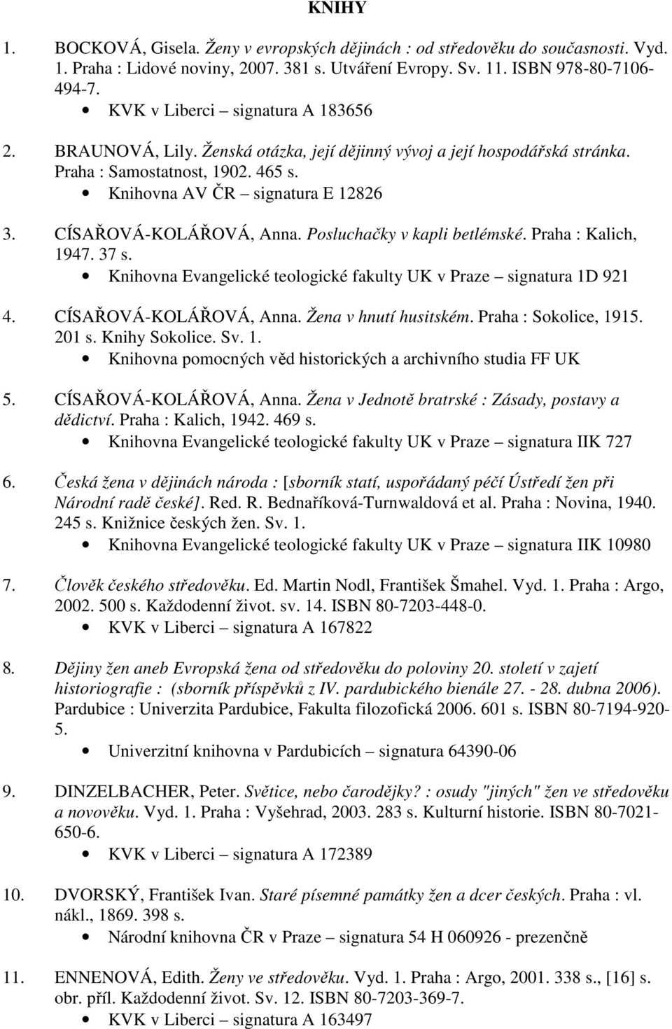 CÍSAŘOVÁ-KOLÁŘOVÁ, Anna. Posluchačky v kapli betlémské. Praha : Kalich, 1947. 37 s. Knihovna Evangelické teologické fakulty UK v Praze signatura 1D 921 4. CÍSAŘOVÁ-KOLÁŘOVÁ, Anna.