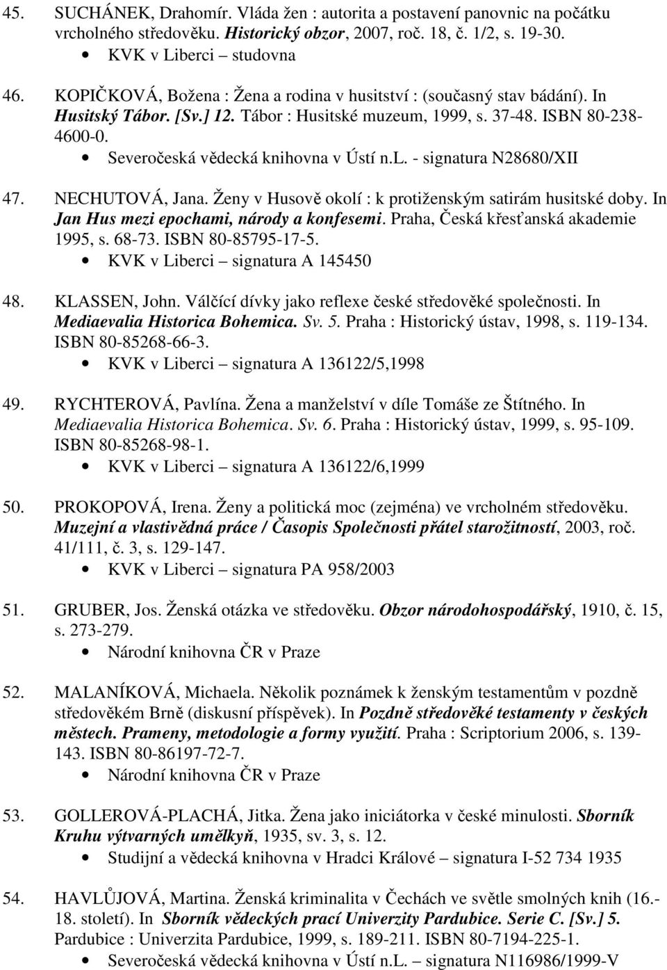 Severočeská vědecká knihovna v Ústí n.l. - signatura N28680/XII 47. NECHUTOVÁ, Jana. Ženy v Husově okolí : k protiženským satirám husitské doby. In Jan Hus mezi epochami, národy a konfesemi.
