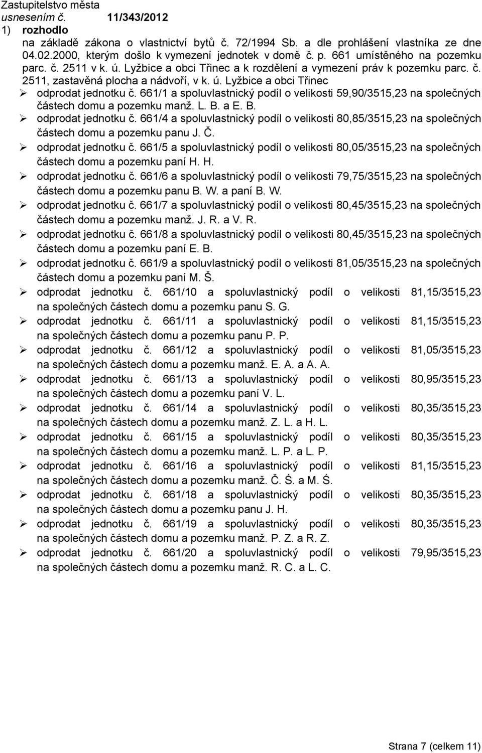 661/1 a spoluvlastnický podíl o velikosti 59,90/3515,23 na společných částech domu a pozemku manž. L. B. a E. B. odprodat jednotku č.