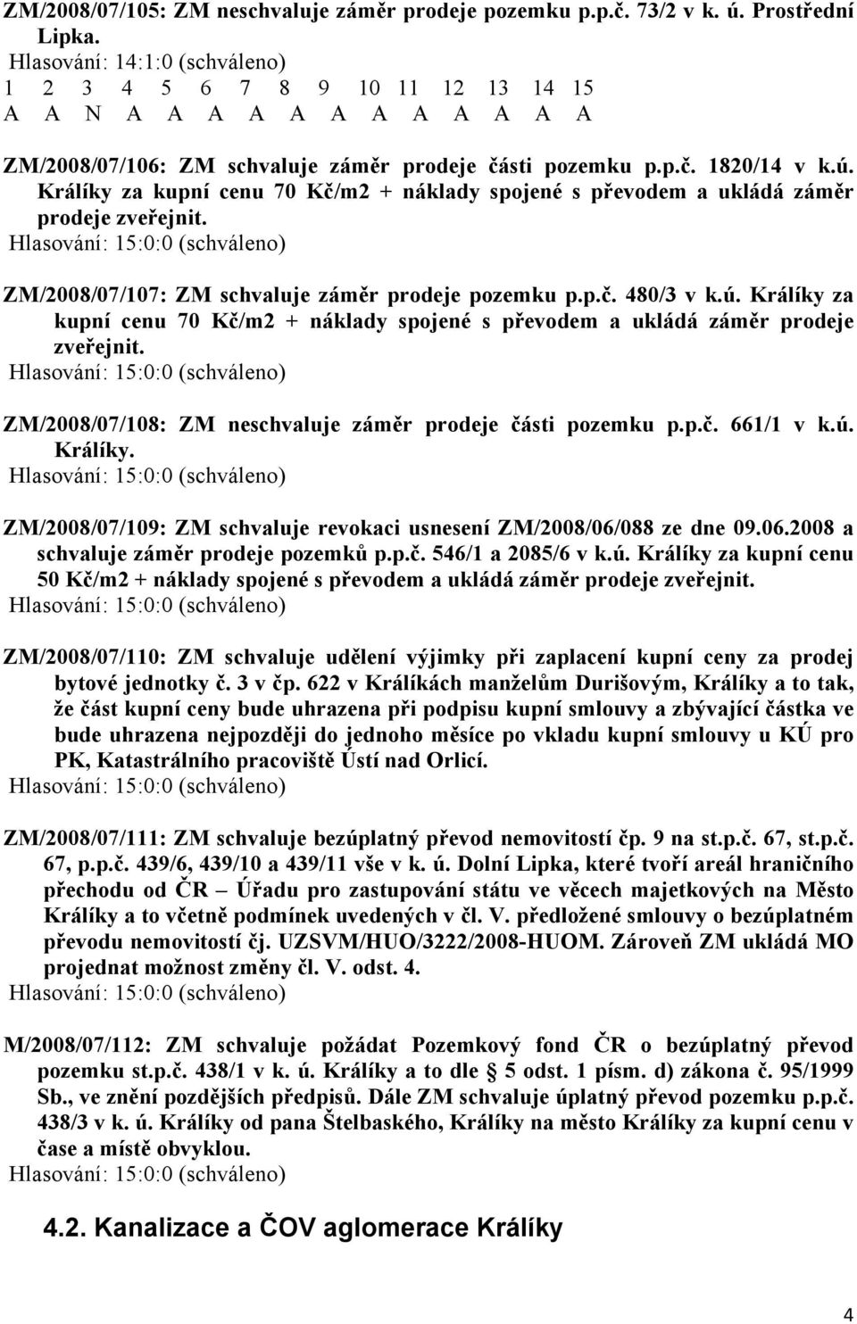 Králíky za kupní cenu 70 Kč/m2 + náklady spojené s převodem a ukládá záměr prodeje zveřejnit. ZM/2008/07/107: ZM schvaluje záměr prodeje pozemku p.p.č. 480/3 v k.ú.