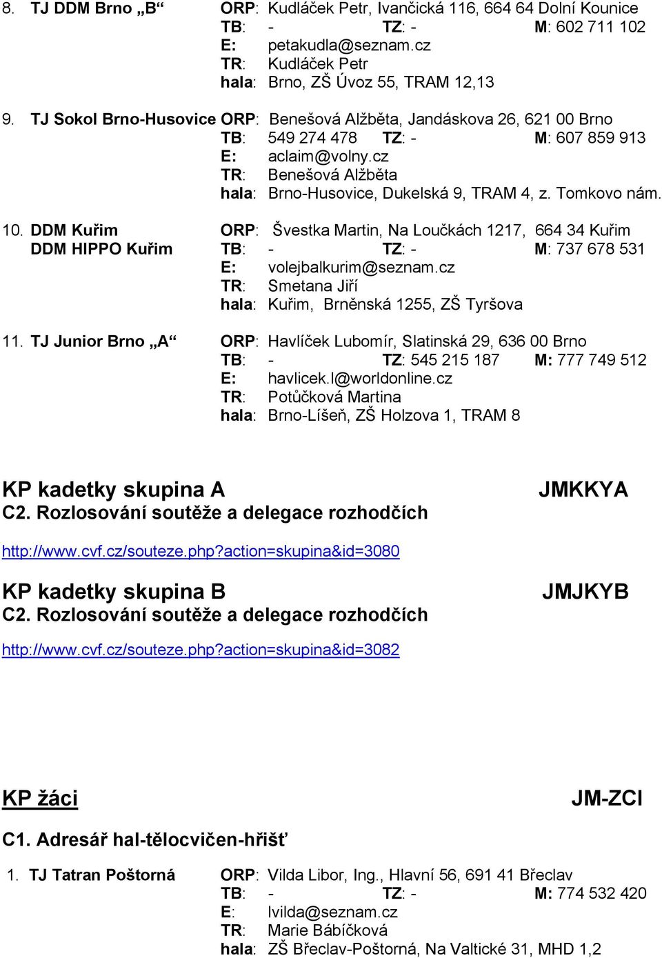 Tomkovo nám. 10. DDM Kuřim ORP: Švestka Martin, Na Loučkách 1217, 664 34 Kuřim DDM HIPPO Kuřim TB: - TZ: - M: 737 678 531 E: volejbalkurim@seznam.