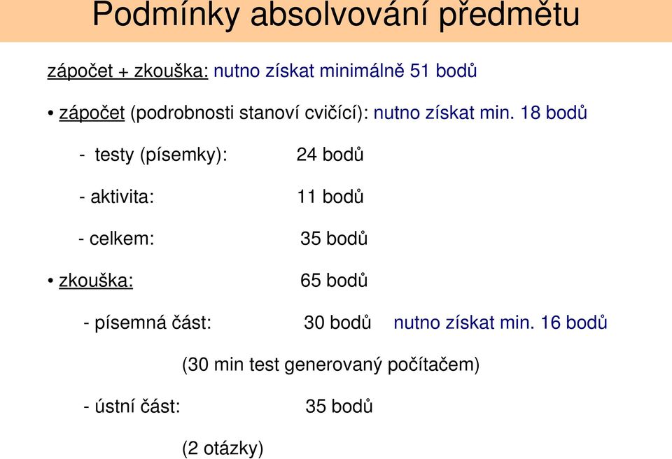 18 bodů testy (písemky): 24 bodů aktivita: 11 bodů celkem: 35 bodů zkouška: 65 bodů