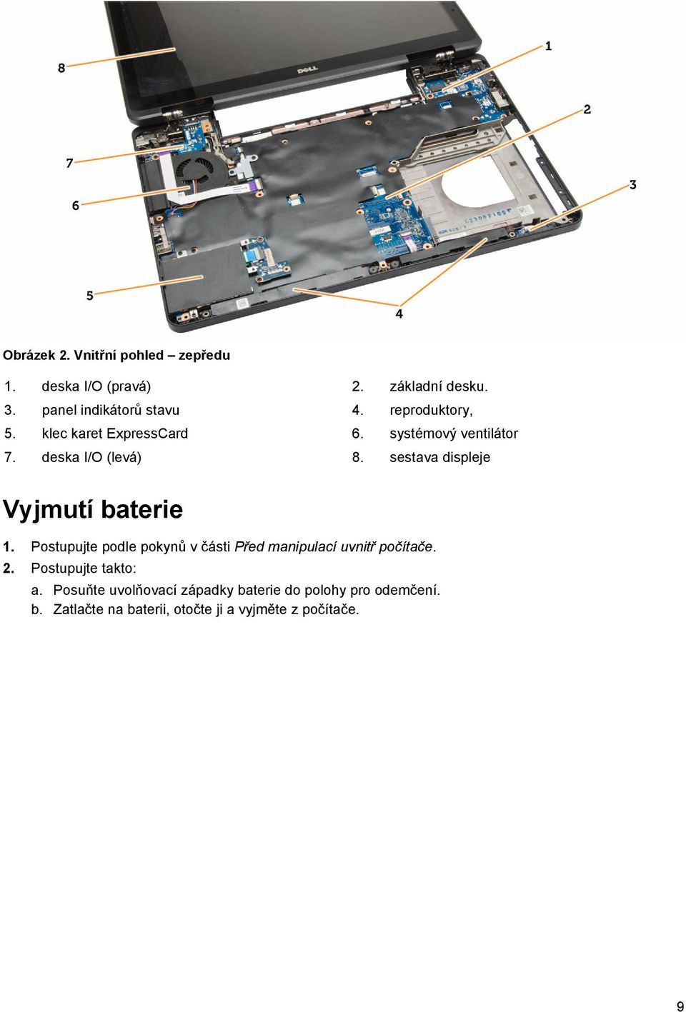 sestava displeje Vyjmutí baterie 1. Postupujte podle pokynů v části Před manipulací uvnitř počítače. 2.