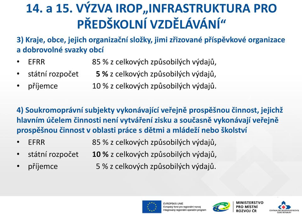 způsobilých výdajů, státní rozpočet 5 % z celkových způsobilých výdajů, příjemce 10 % z celkových způsobilých výdajů.