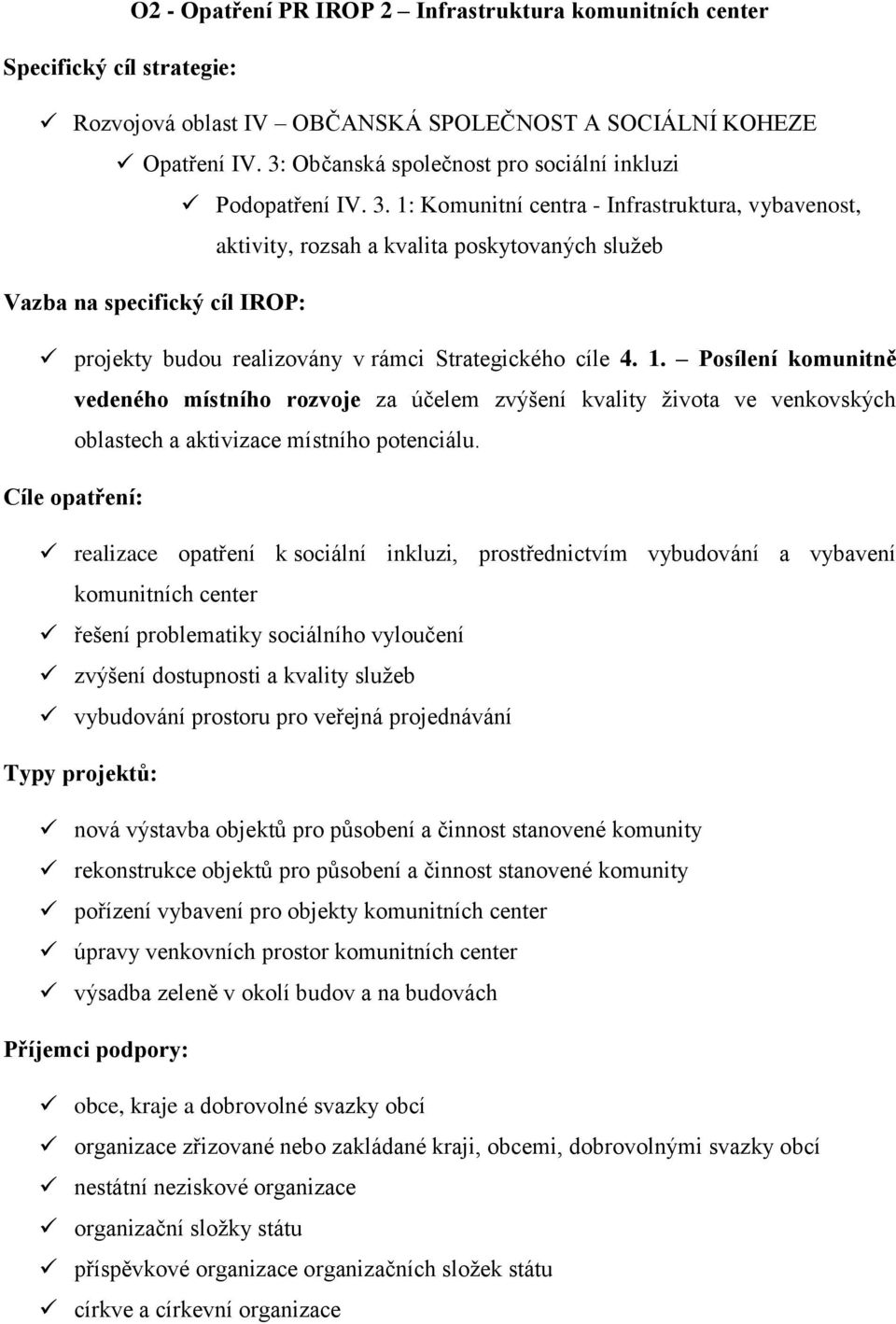 1: Komunitní centra - Infrastruktura, vybavenost, aktivity, rozsah a kvalita poskytovaných služeb Vazba na specifický cíl IROP: projekty budou realizovány v rámci Strategického cíle 4. 1.