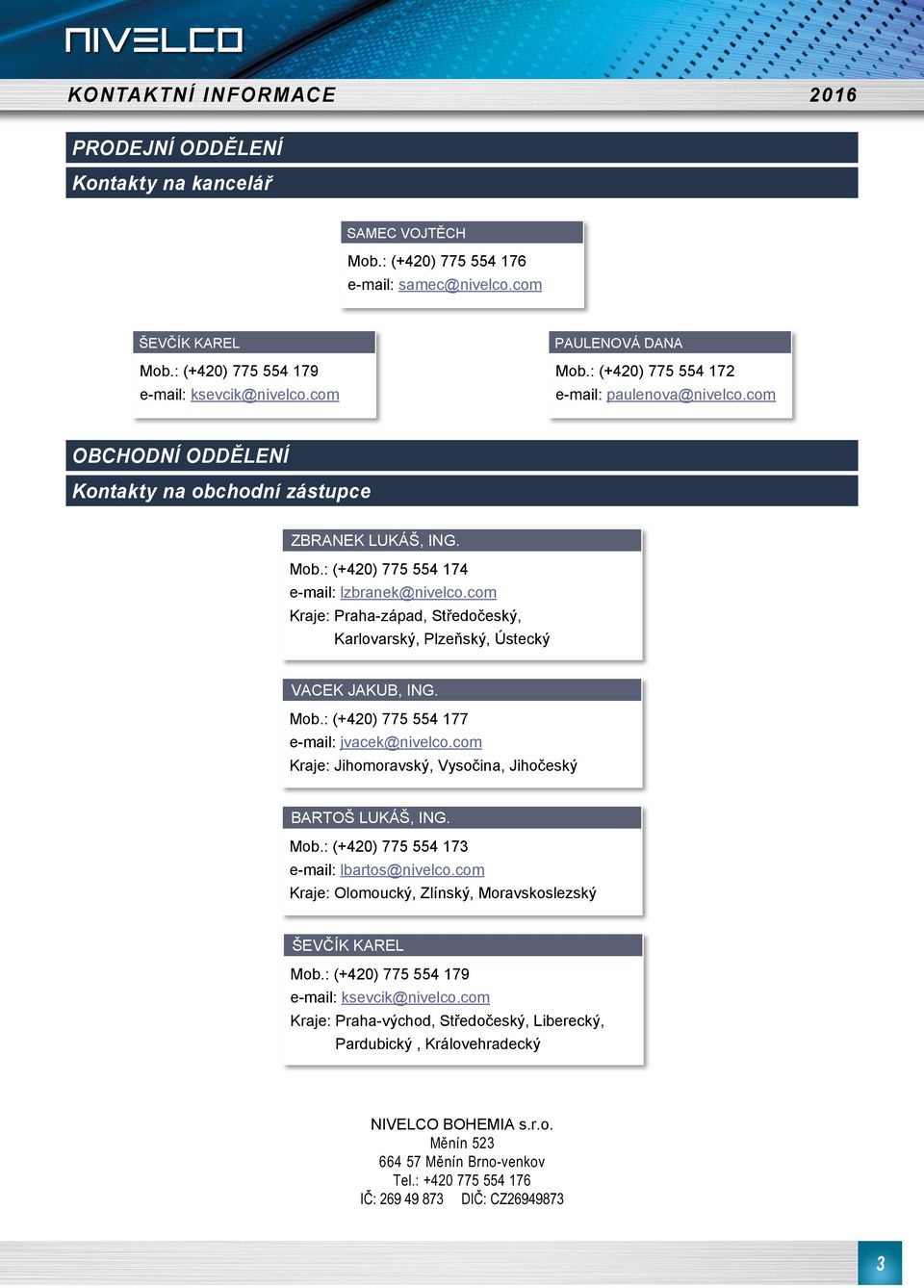 com Kraje: Praha-západ, Středočeský, Karlovarský, Plzeňský, Ústecký VACEK JAKUB, ING. Mob.: (+420) 775 554 177 e-mail: jvacek@nivelco.com Kraje: Jihomoravský, Vysočina, Jihočeský BARTOŠ LUKÁŠ, ING.