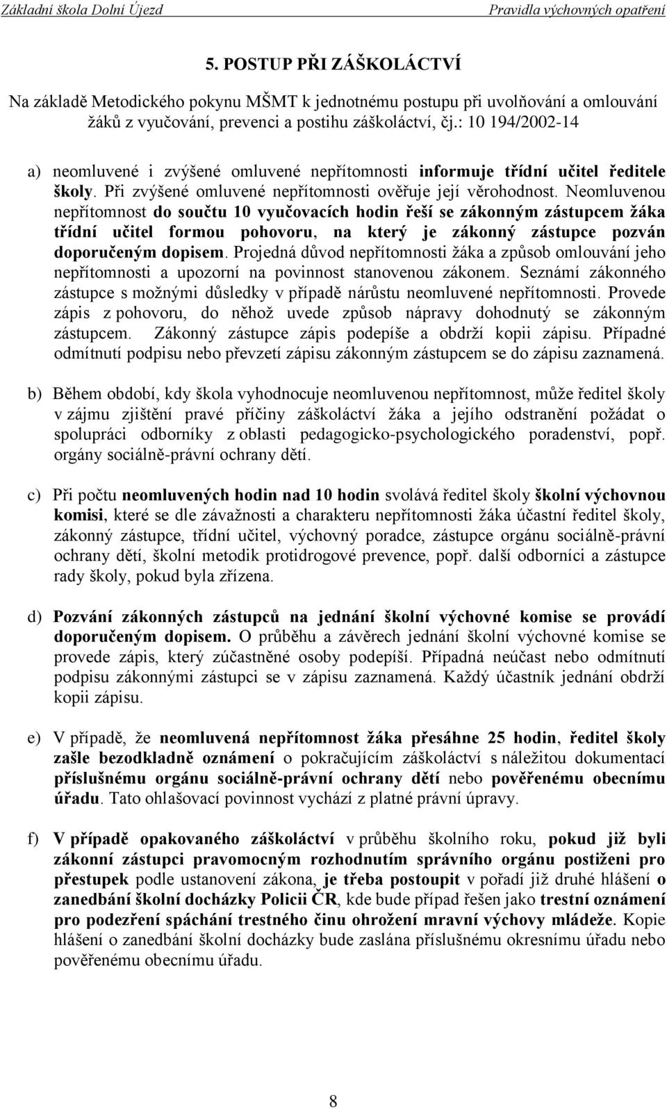 Neomluvenou nepřítomnost do součtu 10 vyučovacích hodin řeší se zákonným zástupcem žáka třídní učitel formou pohovoru, na který je zákonný zástupce pozván doporučeným dopisem.