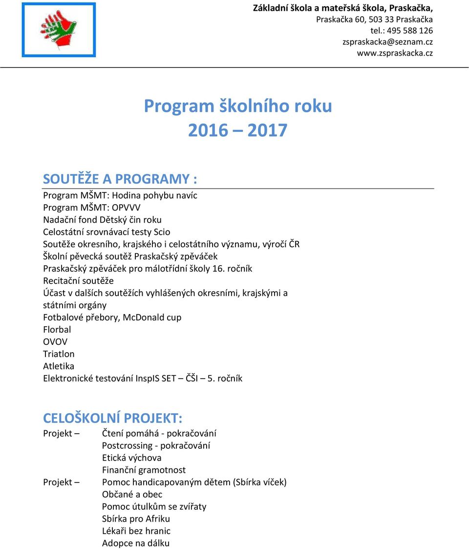 cz Program školního roku 2016 2017 SOUTĚŽE A PROGRAMY : Program MŠMT: Hodina pohybu navíc Program MŠMT: OPVVV Nadační fond Dětský čin roku Celostátní srovnávací testy Scio Soutěže okresního,