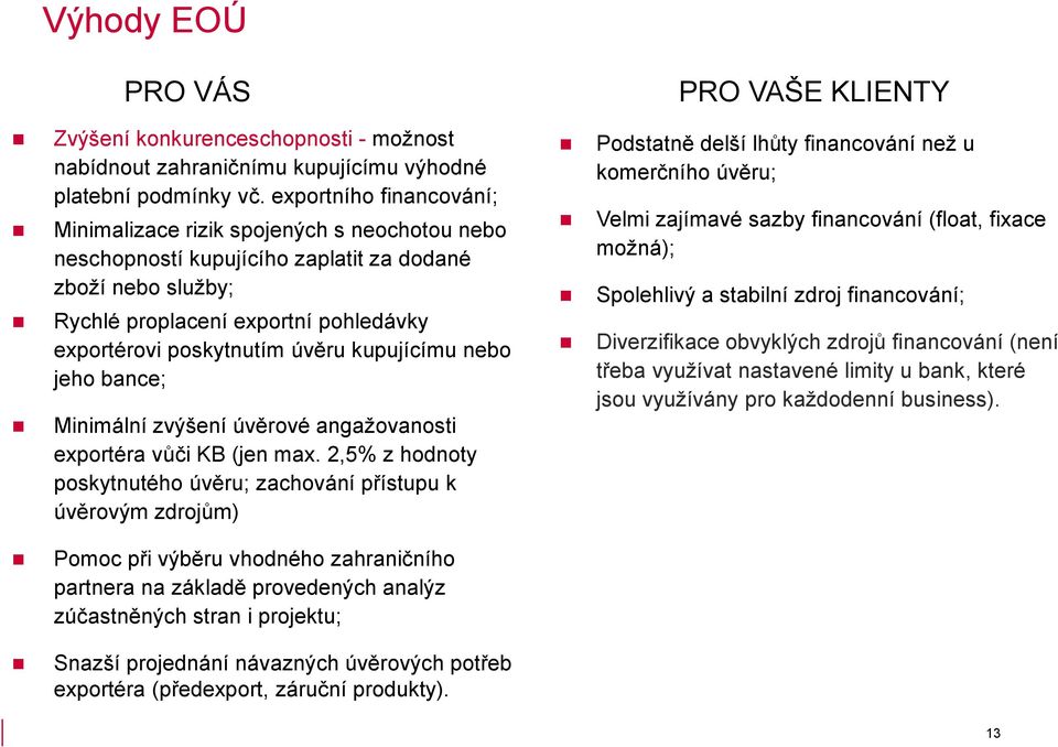 kupujícímu nebo jeho bance; Minimální zvýšení úvěrové angažovanosti exportéra vůči KB (jen max.