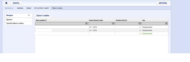 Kliknutím na příslušný řádek v seznamu žádostí o změnu se příjemce dostane do prostředí, ve kterém může s vybranou žádostí o změnu dále pracovat.