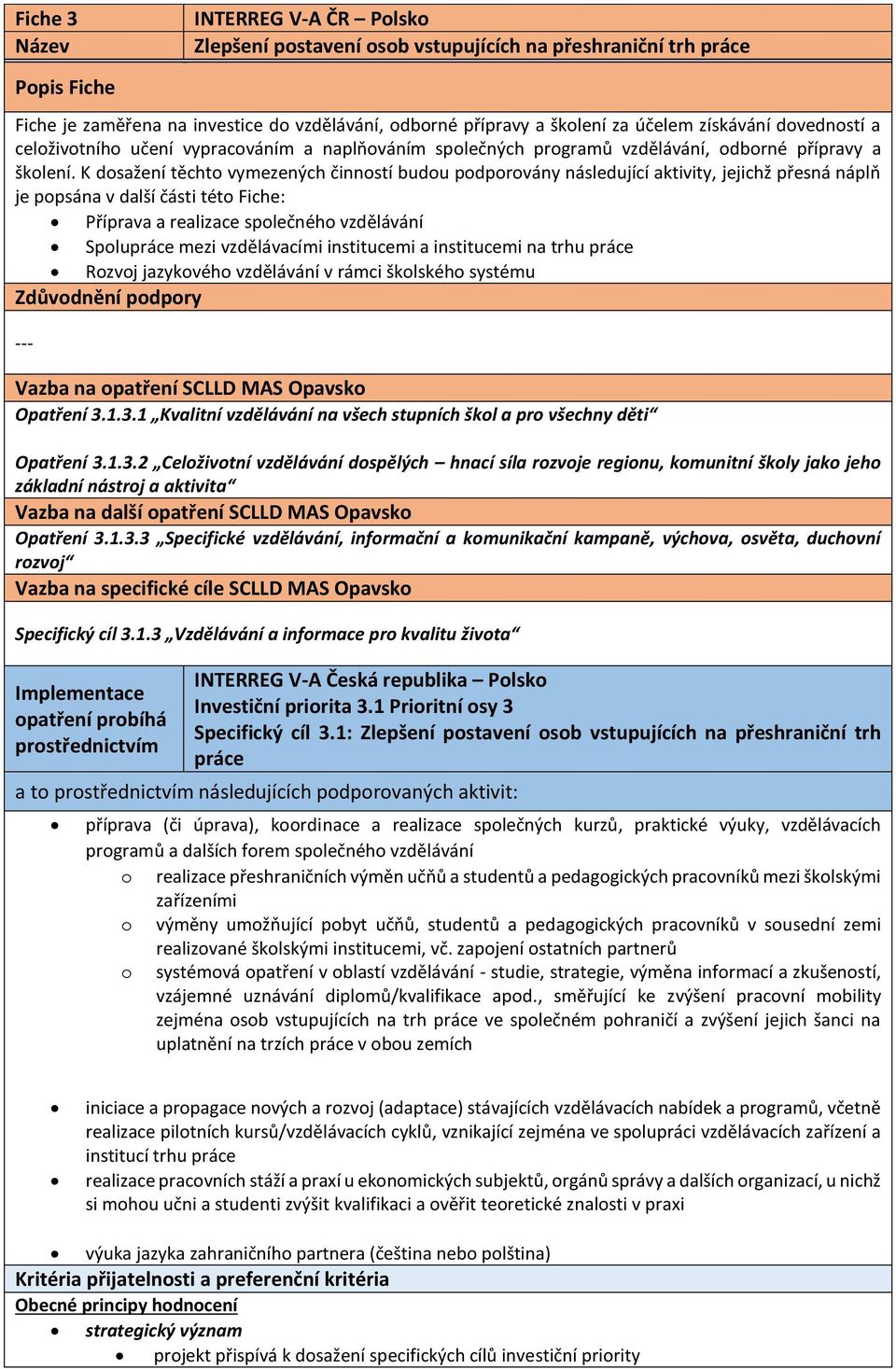 K dosažení těchto vymezených činností budou podporovány následující aktivity, jejichž přesná náplň je popsána v další části této Fiche: Příprava a realizace společného vzdělávání Spolupráce mezi