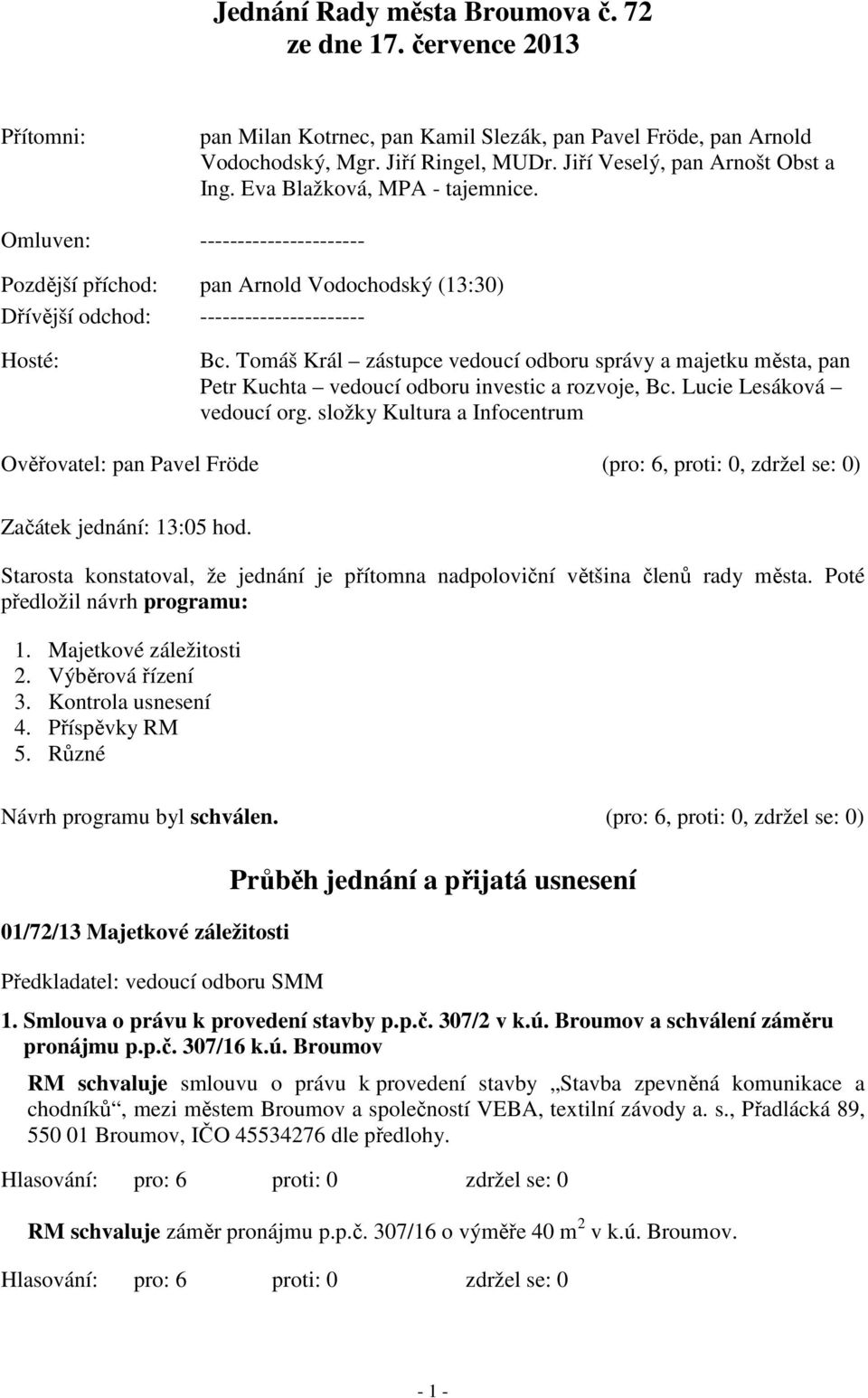 Tomáš Král zástupce vedoucí odboru správy a majetku města, pan Petr Kuchta vedoucí odboru investic a rozvoje, Bc. Lucie Lesáková vedoucí org.