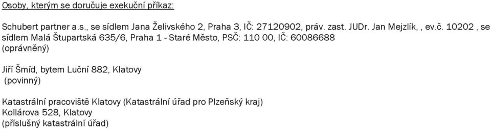 10202, se sídlem Malá Štupartská 635/6, Praha 1 - Staré Město, PSČ: 110 00, IČ: 60086688 (oprávněný) Jiří