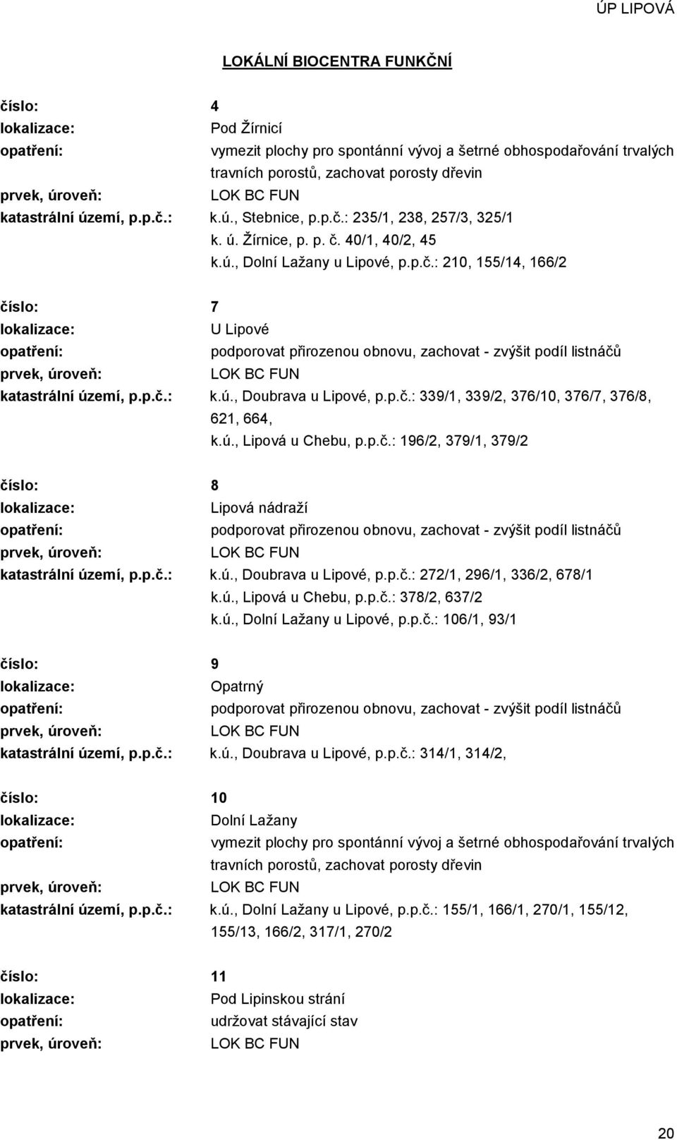 : k.ú., Stebnice, p.p.č.: 235/1, 238, 257/3, 325/1 k. ú. Žírnice, p. p. č. 40/1, 40/2, 45 k.ú., Dolní Lažany u Lipové, p.p.č.: 210, 155/14, 166/2 číslo: 7 lokalizace: U Lipové opatření: podporovat přirozenou obnovu, zachovat - zvýšit podíl listnáčů prvek, úroveň: LOK : k.