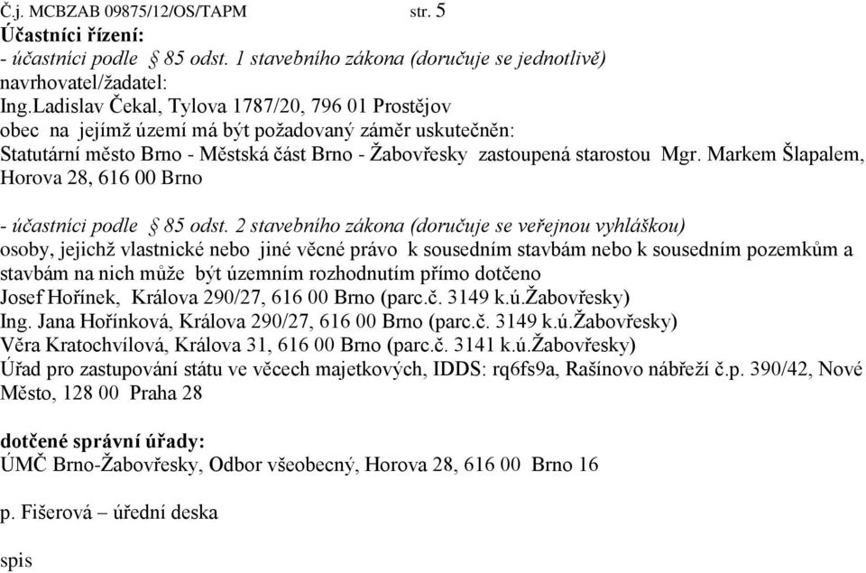 Markem Šlapalem, Horova 28, 616 00 Brno - účastníci podle 85 odst.