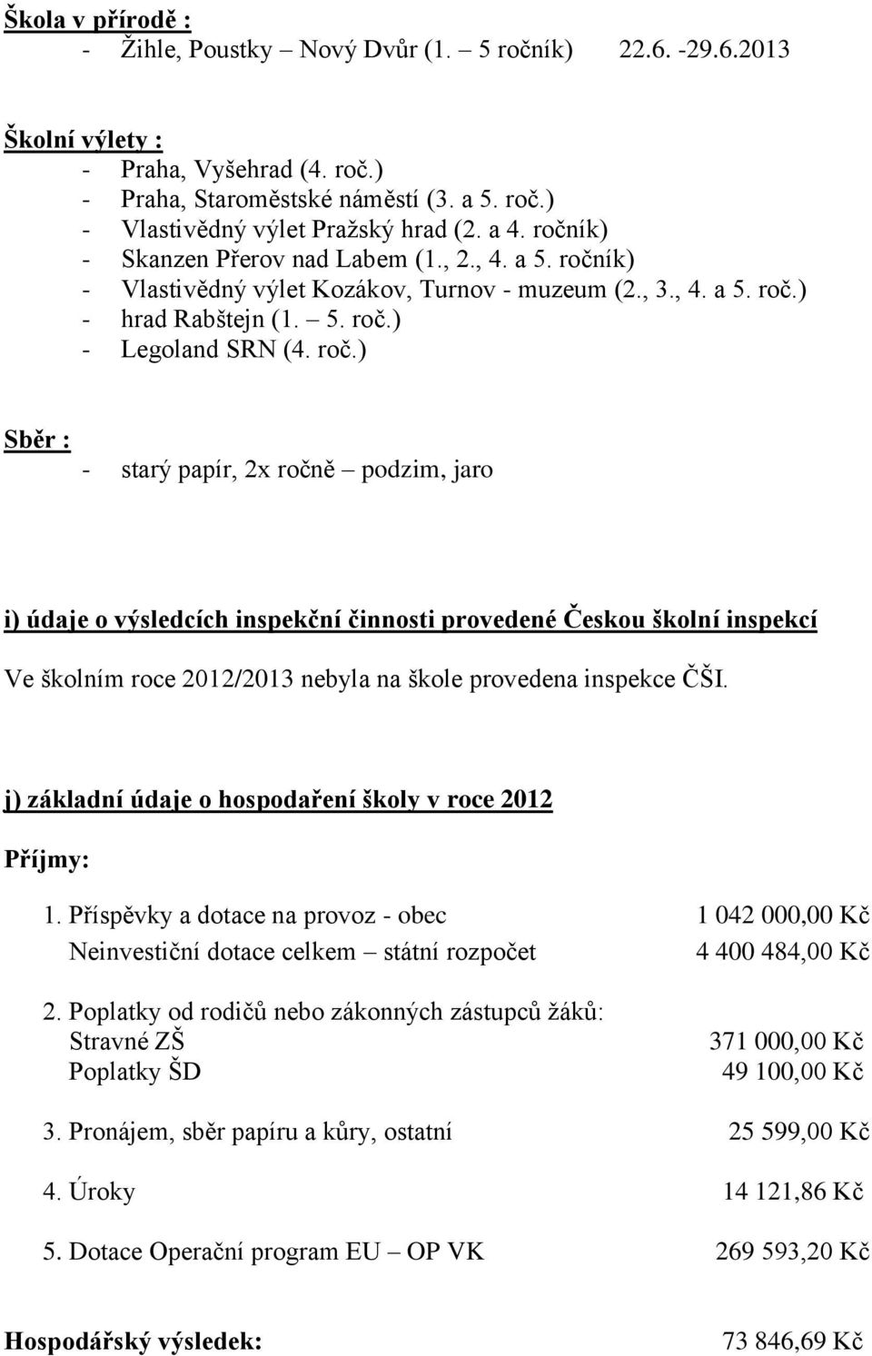 j) základní údaje o hospodaření školy v roce 2012 Příjmy: 1. Příspěvky a dotace na provoz - obec 1 042 000,00 Kč Neinvestiční dotace celkem státní rozpočet 4 400 484,00 Kč 2.