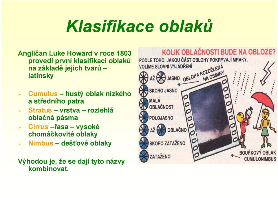nízkého a středního patra Stratus vrstva rozlehlá oblačná pásma Cirrus řasa