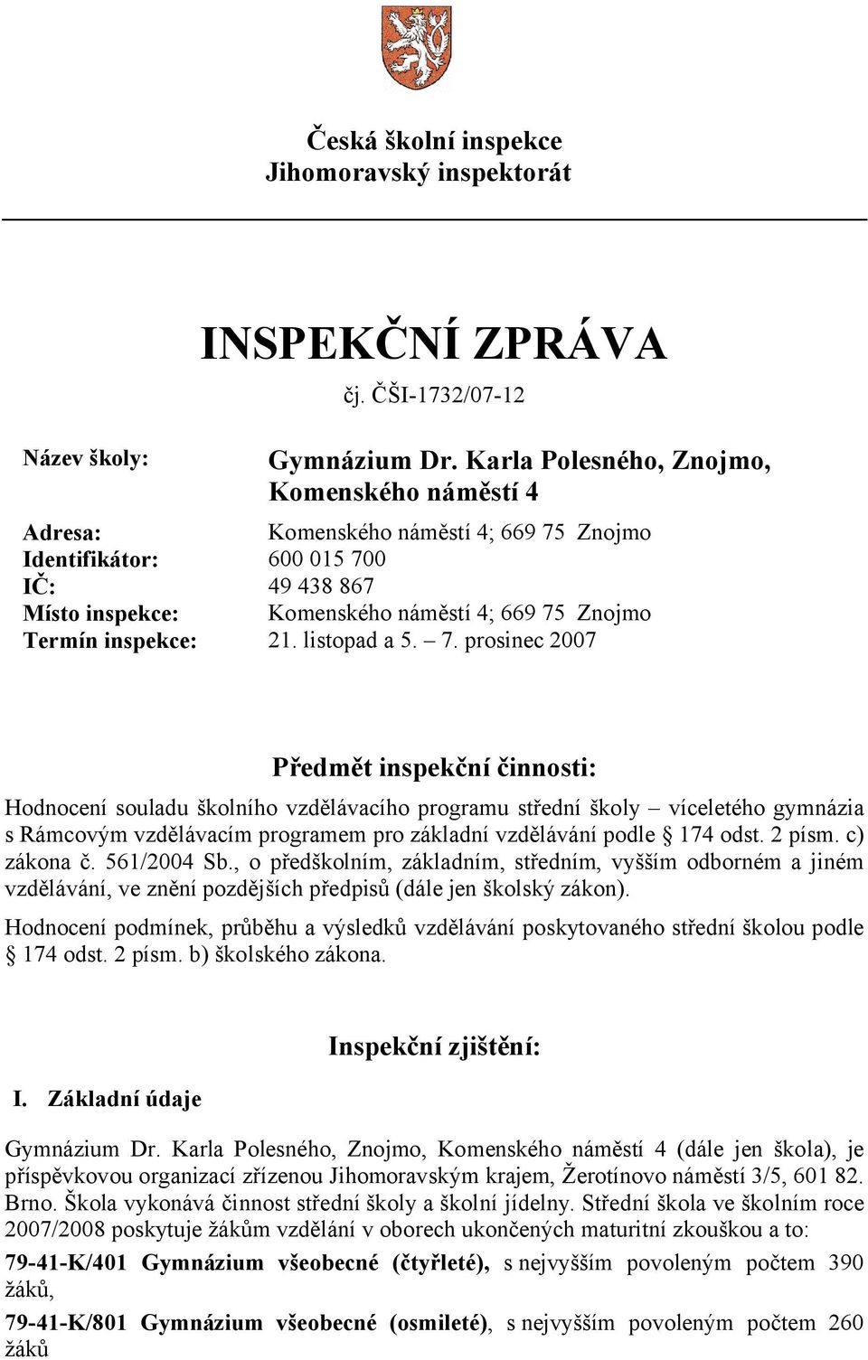 inspekce: 21. listopad a 5. 7.