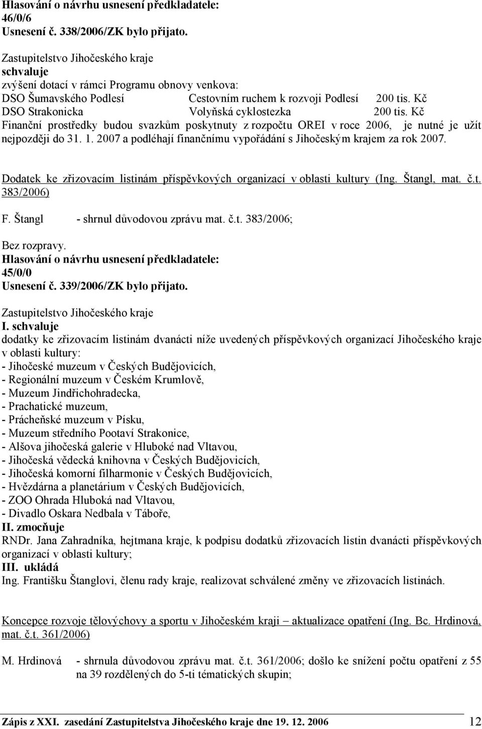 2007 a podléhají finančnímu vypořádání s Jihočeským krajem za rok 2007. Dodatek ke zřizovacím listinám příspěvkových organizací v oblasti kultury (Ing. Štangl, mat. č.t. 383/2006) F.