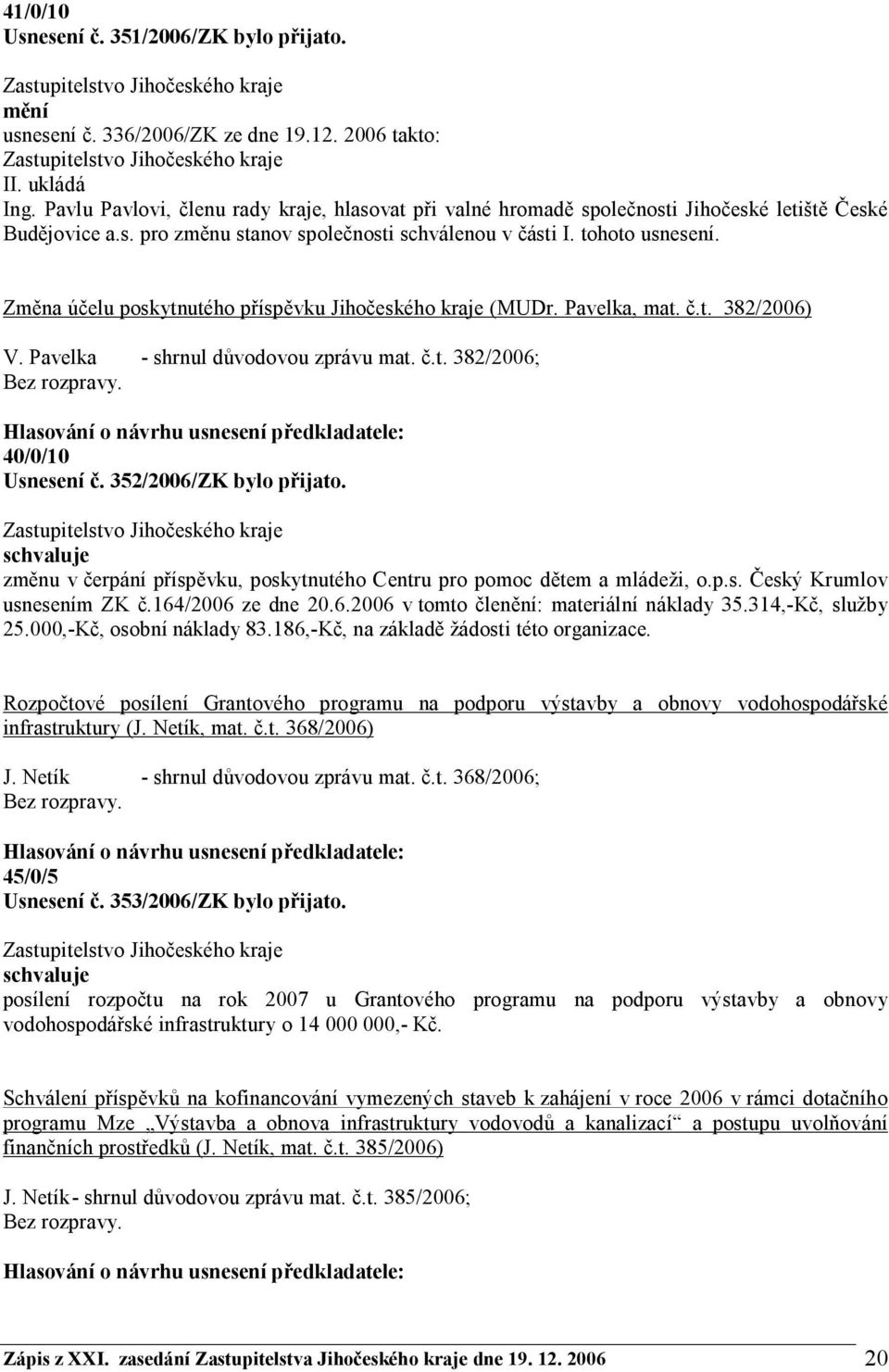 Změna účelu poskytnutého příspěvku Jihočeského kraje (MUDr. Pavelka, mat. č.t. 382/2006) V. Pavelka - shrnul důvodovou zprávu mat. č.t. 382/2006; 40/0/10 Usnesení č. 352/2006/ZK bylo přijato.