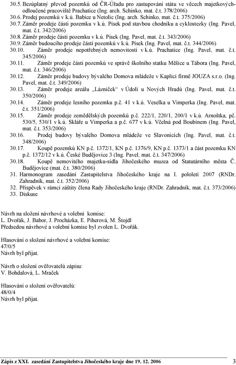 Pavel, mat. č.t. 343/2006) 30.9. Záměr budoucího prodeje částí pozemků v k.ú. Písek (Ing. Pavel, mat. č.t. 344/2006) 30.10. Záměr prodeje nepotřebných nemovitostí v k.ú. Prachatice (Ing. Pavel, mat. č.t. 345/2006) 30.