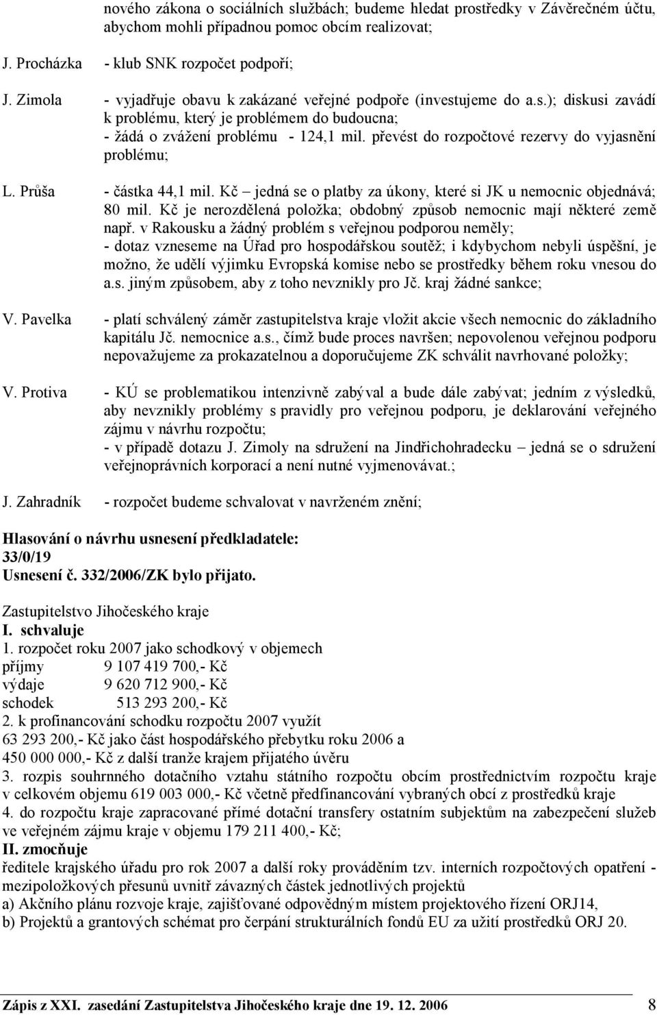 převést do rozpočtové rezervy do vyjasnění problému; L. Průša - částka 44,1 mil. Kč jedná se o platby za úkony, které si JK u nemocnic objednává; 80 mil.