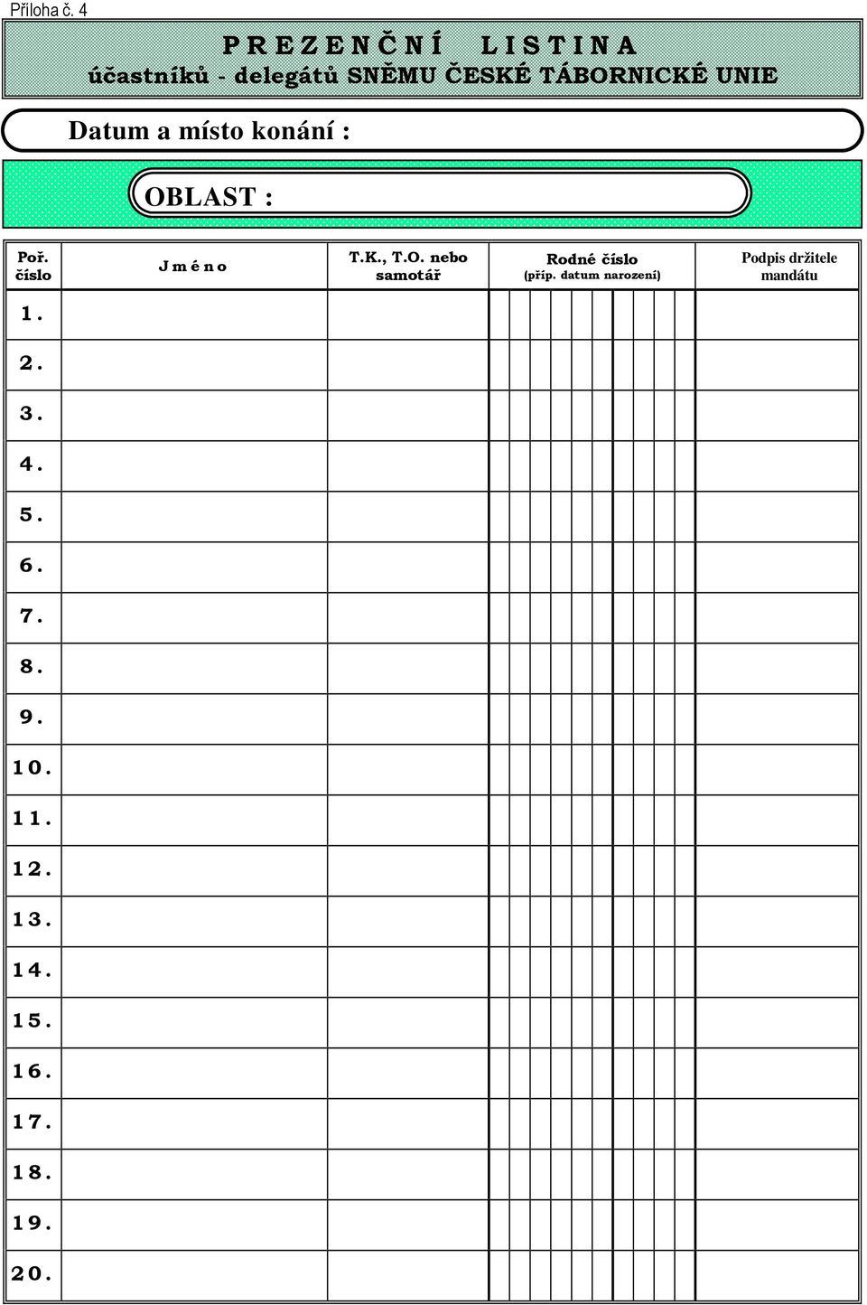 UNIE Datum a místo konání : OBLAST : Poř. číslo J m é n o T.K., T.O. nebo samotář Rodné číslo (příp.