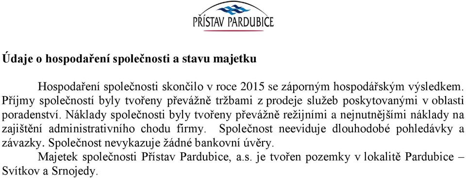 Náklady společnosti byly tvořeny převážně režijními a nejnutnějšími náklady na zajištění administrativního chodu firmy.