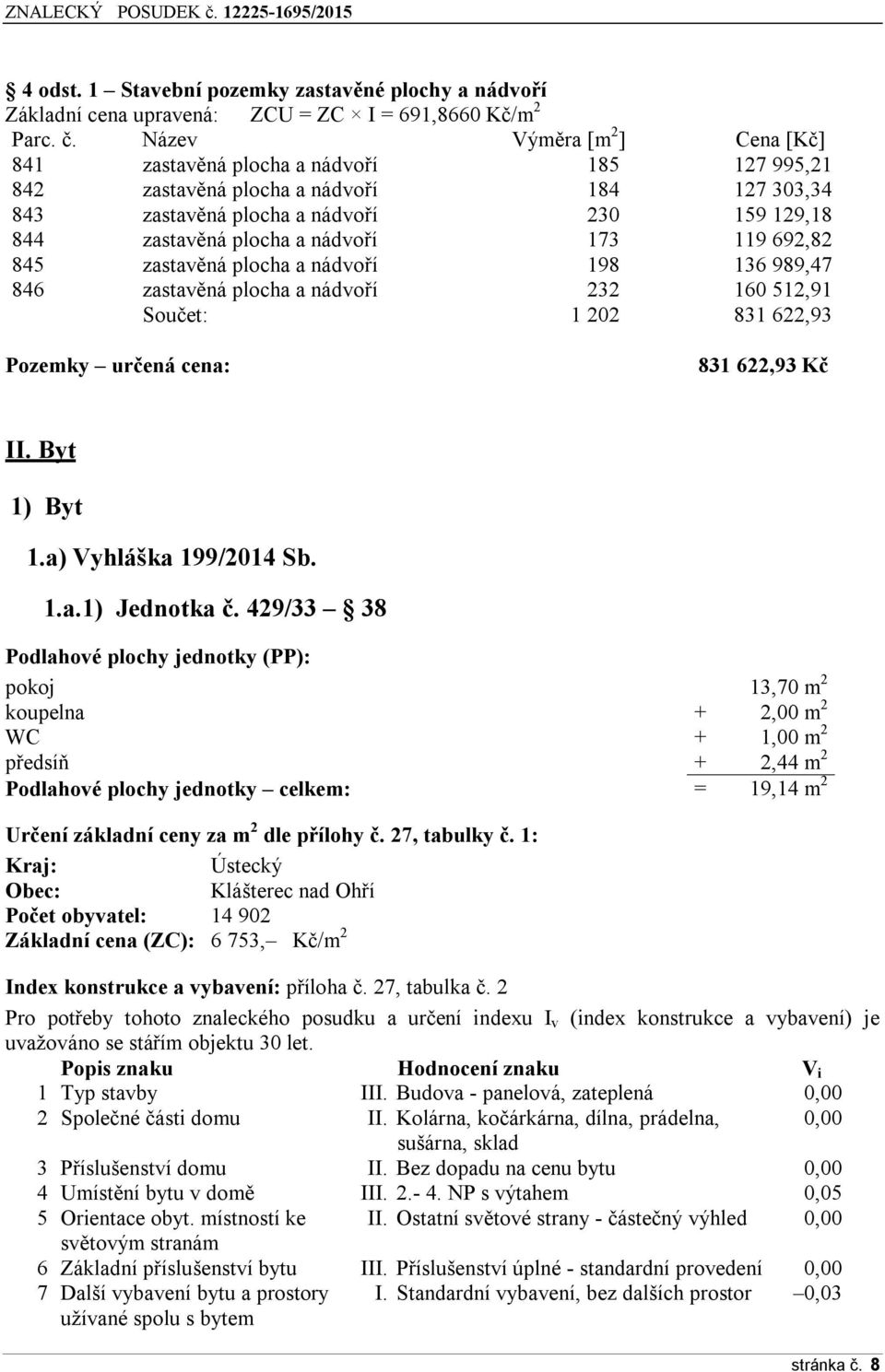 173 119 692,82 845 zastavěná plocha a nádvoří 198 136 989,47 846 zastavěná plocha a nádvoří 232 160 512,91 Součet: 1 202 831 622,93 Pozemky určená cena: 831 622,93 Kč II. Byt 1) Byt 1.