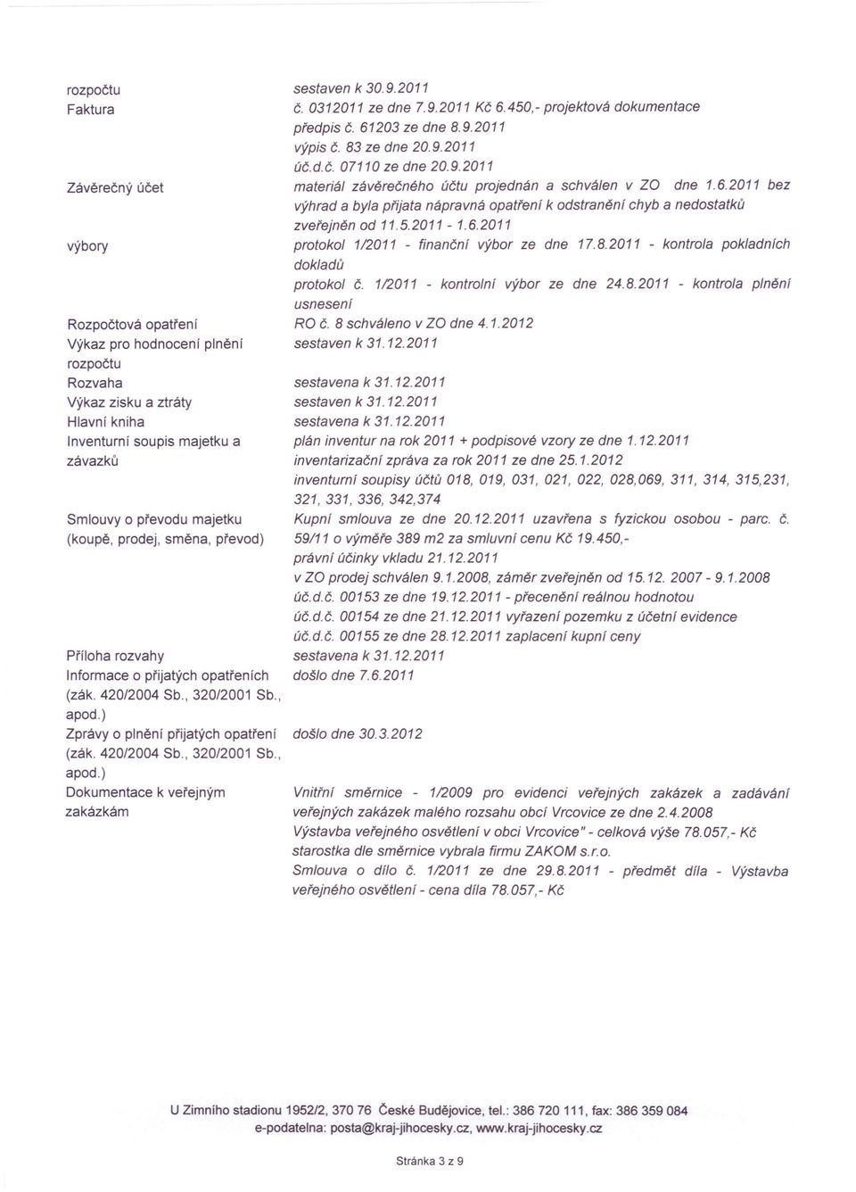 9.2011 č. 0312011 ze dne 7.9.2011 Kč 6.450,- projektová dokumentace předpis č. 61203 ze dne 8.9.2011 výpis č. 83 ze dne 20.9.2011 úč.d.č. 07110 ze dne 20.9.2011 materiál závěrečného účtu projednán a schválen v ZO dne 1.