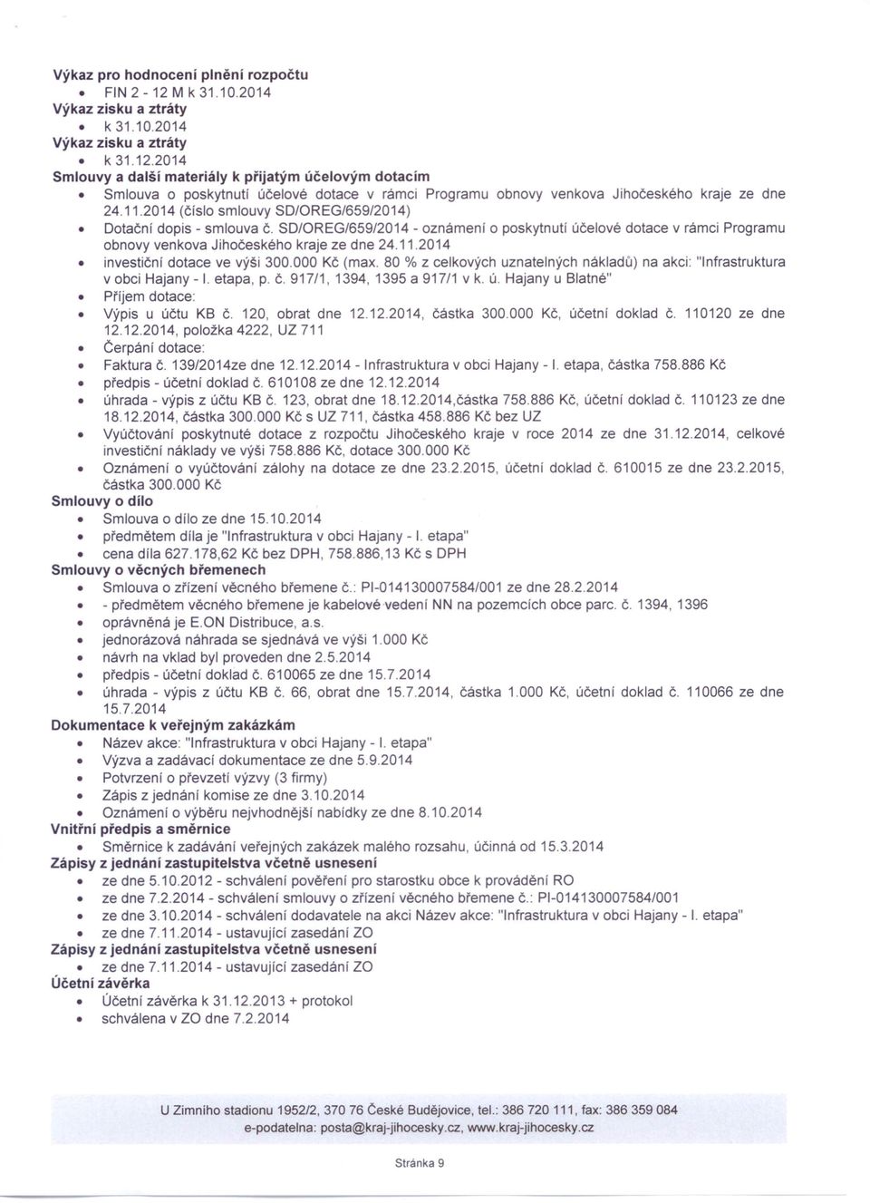 000 Kč (max. 80 % z celkových uznatelných nákladů) na akci: "Infrastruktura v obci Hajany - I. etapa, p. Č. 917/1, 1394, 1395 a 917/1 v k. Ú. Hajany u Blatné" Příjem dotace: Výpis u účtu KB Č.