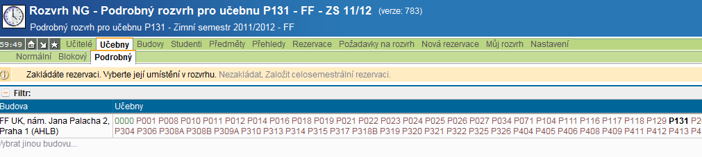 3. Zobrazení místností patřících dané základní součásti V záložce Učebny, přes tlačítko Moje katedra se Vám zobrazí místnosti, které jsou v systému pro příslušný ústav/katedru zadány. IV.