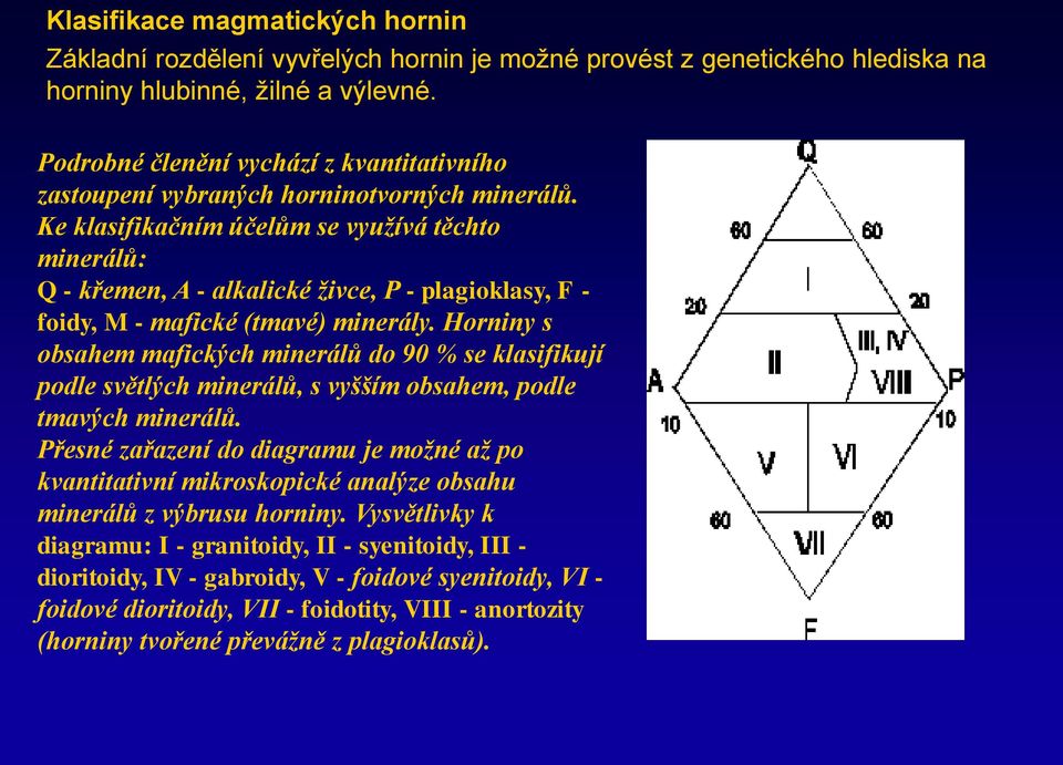 Ke klasifikačním účelům se využívá těchto minerálů: Q - křemen, A - alkalické živce, P - plagioklasy, F - foidy, M - mafické (tmavé) minerály.