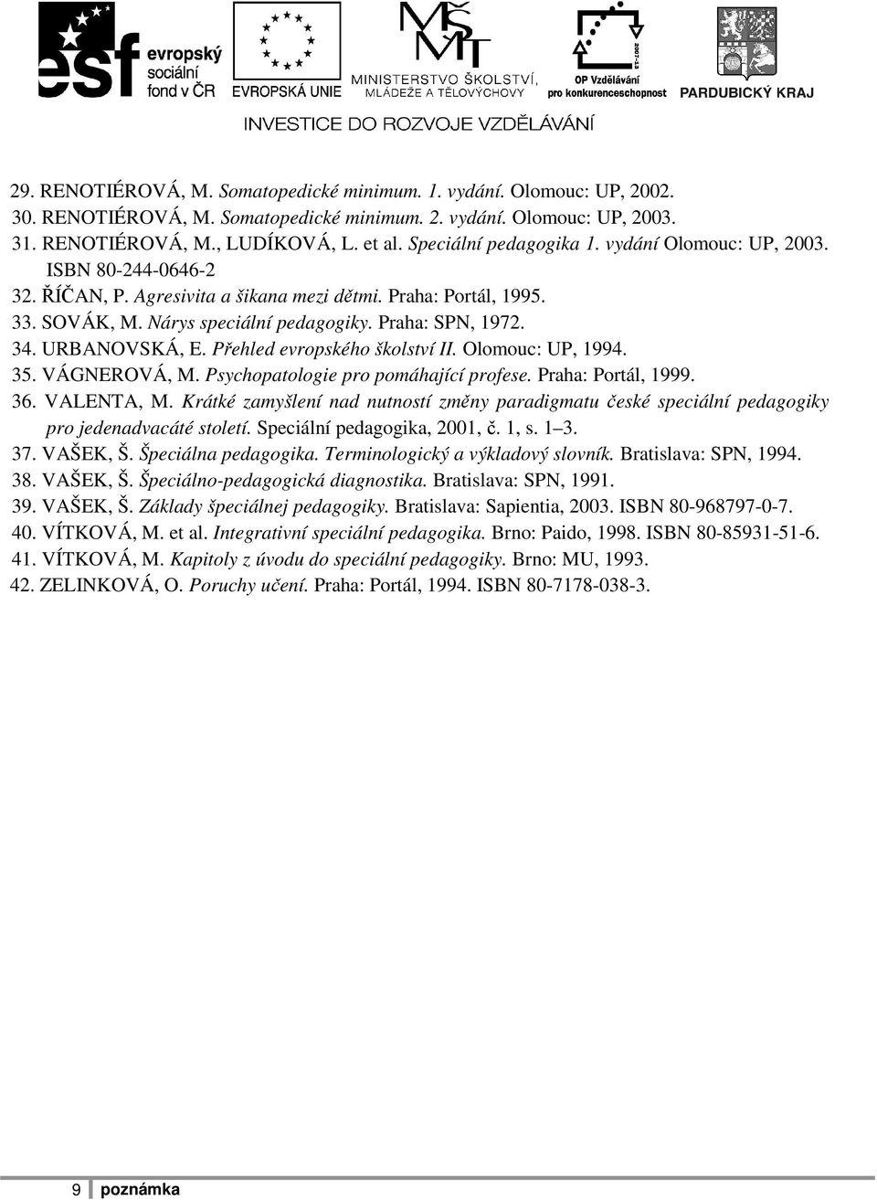 URBANOVSKÁ, E. Přehled evropského školství II. Olomouc: UP, 1994. 35. VÁGNEROVÁ, M. Psychopatologie pro pomáhající profese. Praha: Portál, 1999. 36. VALENTA, M.