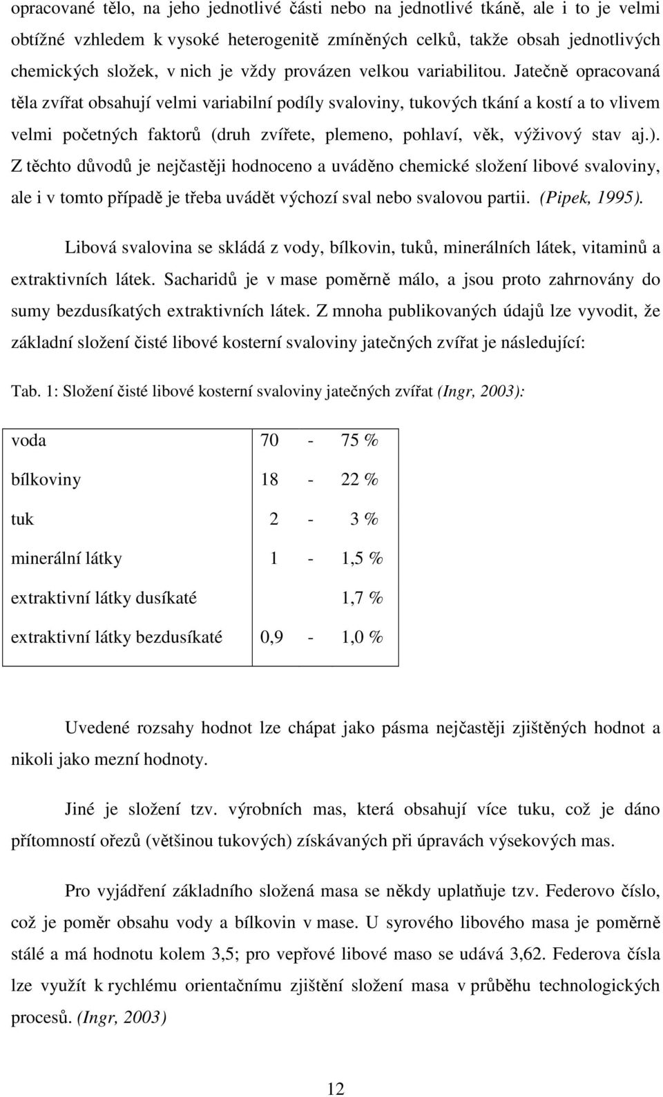 Jatečně opracovaná těla zvířat obsahují velmi variabilní podíly svaloviny, tukových tkání a kostí a to vlivem velmi početných faktorů (druh zvířete, plemeno, pohlaví, věk, výživový stav aj.).