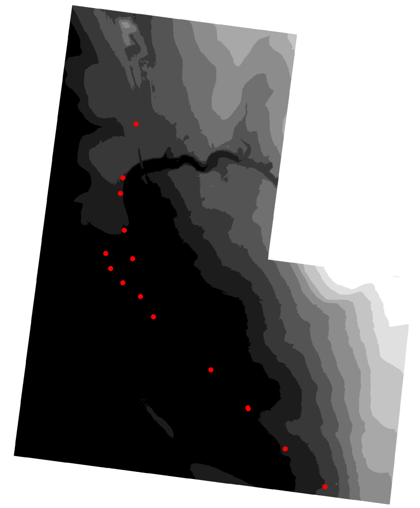 Obrázek 3: Ukázka rozmístění nivelačních bodů (červeně) na lidarovém DMR Z obrázku je také zřejmé, že rozložení bodů v terénu není zcela ideální.