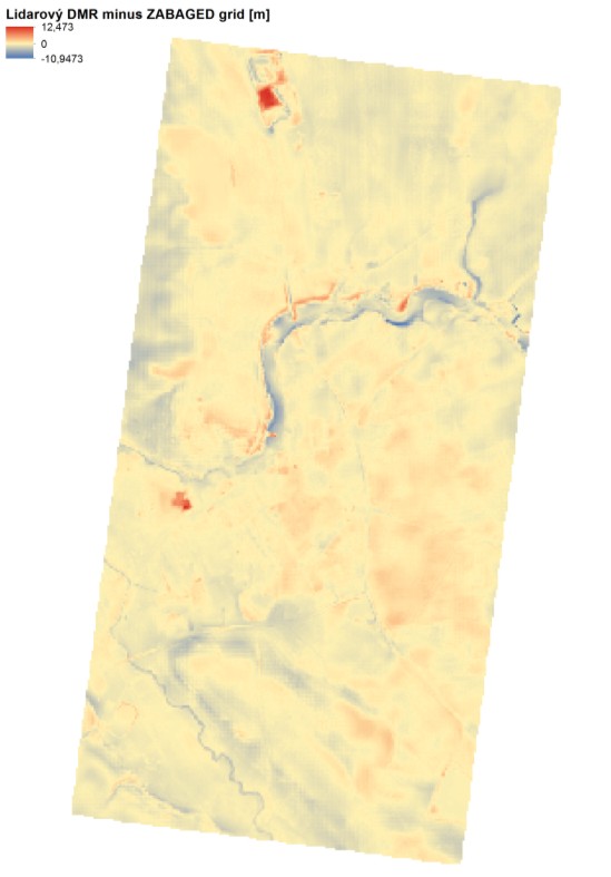 [m] Obrázek 11: Lidarový DMR ve srovnání se ZABAGED gridem Toto porovnání přináší nejmenší hodnoty rozdílu mezi porovnávanými DMR ze všech tří dvojic na území Dobrušky.
