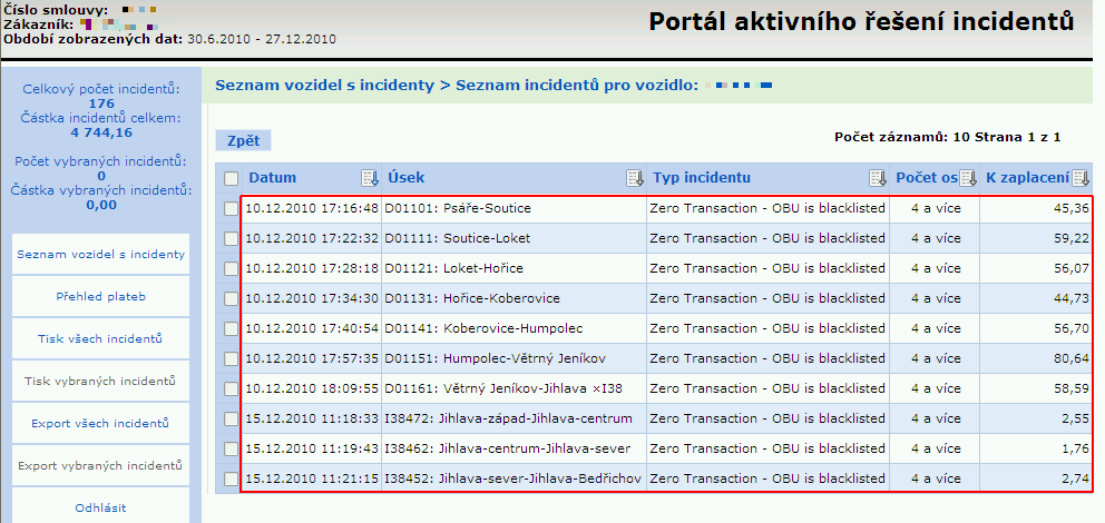 Seznam incidentů pro vozidlo Pro zobrazení přehledu identifikovaných incidentů u konkrétního vozidla, které lze uhradit portálem IWP, klikněte na ikonu se symbolem tabulky na konci řádky v Seznamu