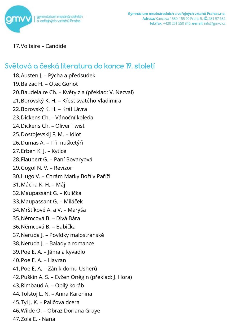 Gogol N. V. Revizor 30. Hugo V. Chrám Matky Boží v Paříži 31. Mácha K. H. Máj 32. Maupassant G. Kulička 33. Maupassant G. Miláček 34. Mrštíkové A. a V. Maryša 35. Němcová B. Divá Bára 36. Němcová B. Babička 37.