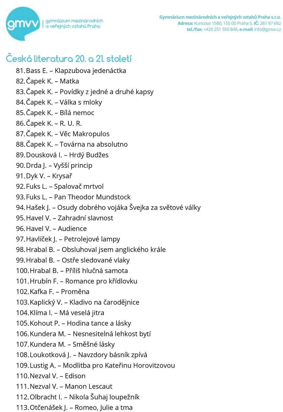 Hašek J. Osudy dobrého vojáka Švejka za světové války 95. Havel V. Zahradní slavnost 96. Havel V. Audience 97. Havlíček J. Petrolejové lampy 98. Hrabal B. Obsluhoval jsem anglického krále 99.