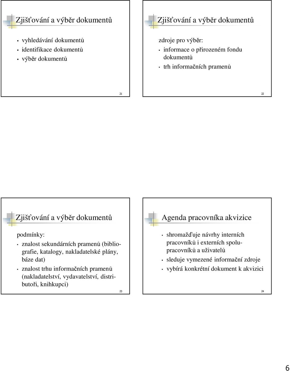 nakladatelské plány, báze dat) znalost trhu informačních pramenů (nakladatelství, vydavatelství, distributoři, knihkupci) 23 Agenda pracovníka akvizice