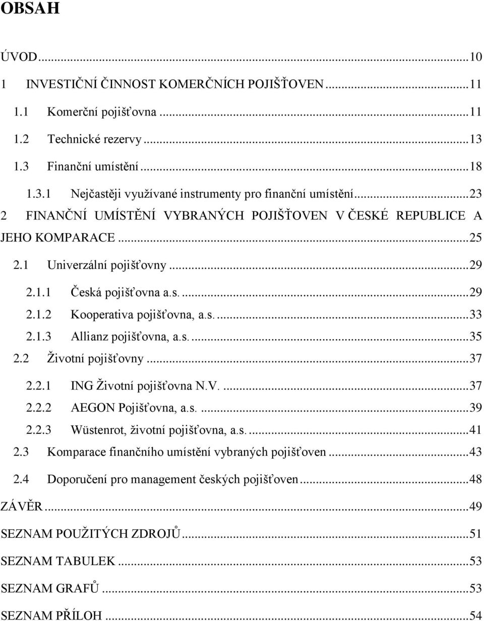 s.... 35 2.2 Životní pojišťovny... 37 2.2.1 ING Životní pojišťovna N.V.... 37 2.2.2 AEGON Pojišťovna, a.s.... 39 2.2.3 Wüstenrot, životní pojišťovna, a.s.... 41 2.