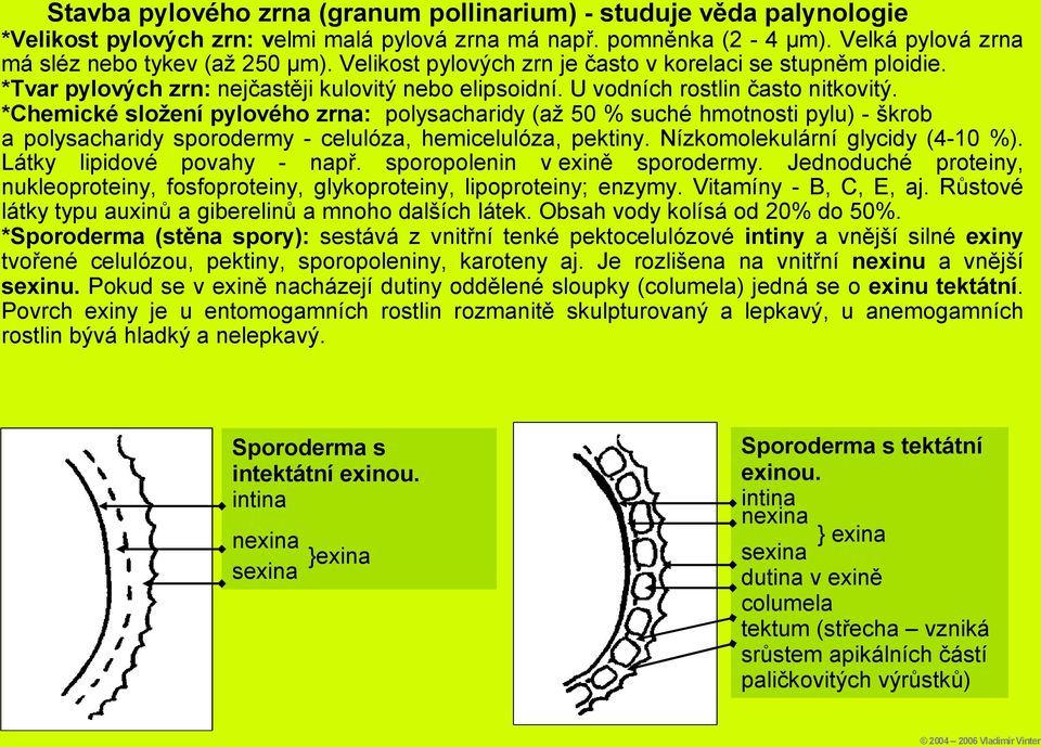 *Chemické složení pylového zrna: polysacharidy (až 50 % suché hmotnosti pylu) - škrob a polysacharidy sporodermy - celulóza, hemicelulóza, pektiny. Nízkomolekulární glycidy (4-10 %).