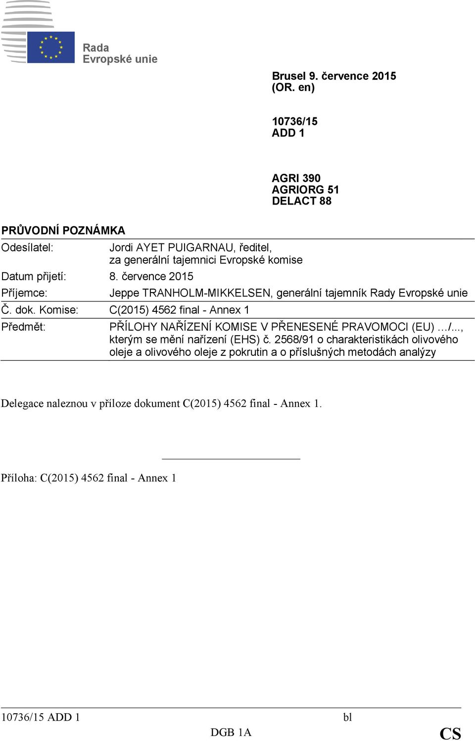 Komise: C(2015) 4562 final - Annex 1 Předmět: PŘÍLOHY NAŘÍZENÍ KOMISE V PŘENESENÉ PRAVOMOCI (EU) /..., kterým se mění nařízení (EHS) č.