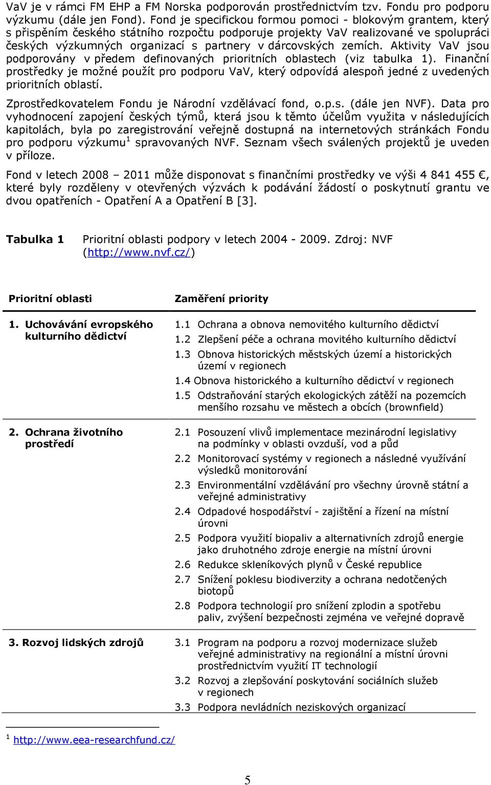 dárcovských zemích. Aktivity VaV jsou podporovány v předem definovaných prioritních oblastech (viz tabulka 1).