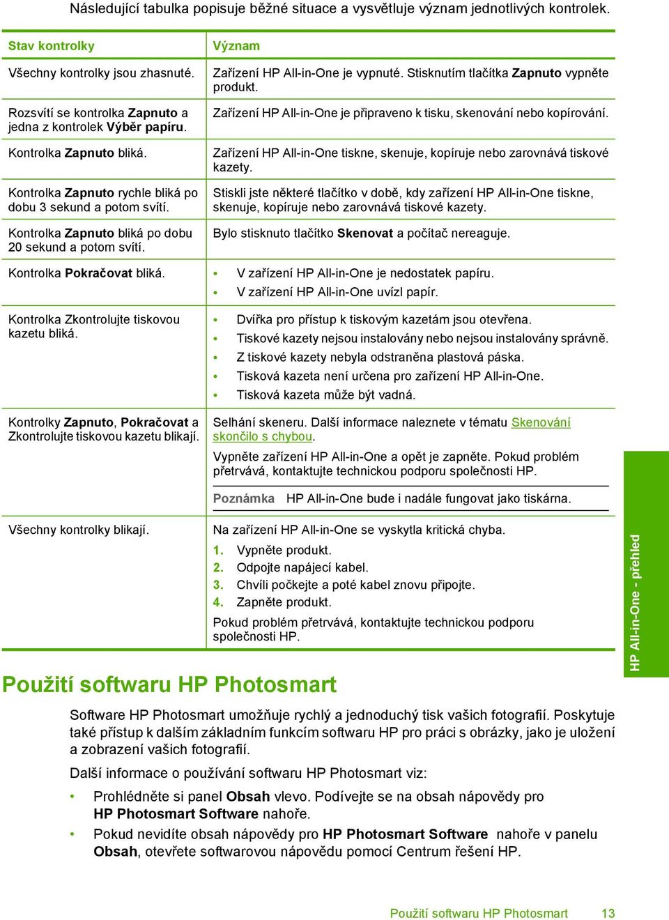 Stisknutím tlačítka Zapnuto vypněte produkt. Zařízení HP All-in-One je připraveno k tisku, skenování nebo kopírování. Zařízení HP All-in-One tiskne, skenuje, kopíruje nebo zarovnává tiskové kazety.