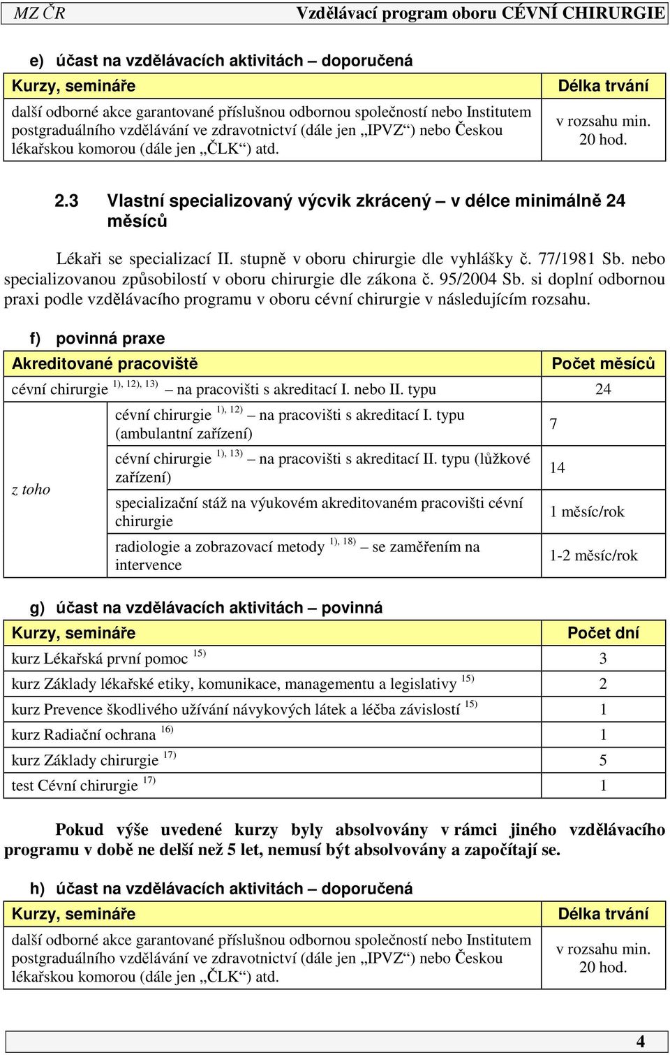 stupně v oboru chirurgie dle vyhlášky č. 77/98 Sb. nebo specializovanou způsobilostí v oboru chirurgie dle zákona č. 95/004 Sb.