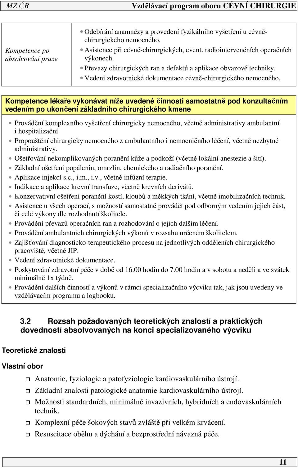 Kompetence lékaře vykonávat níže uvedené činnosti samostatně pod konzultačním vedením po ukončení základního chirurgického kmene Provádění komplexního vyšetření chirurgicky nemocného, včetně