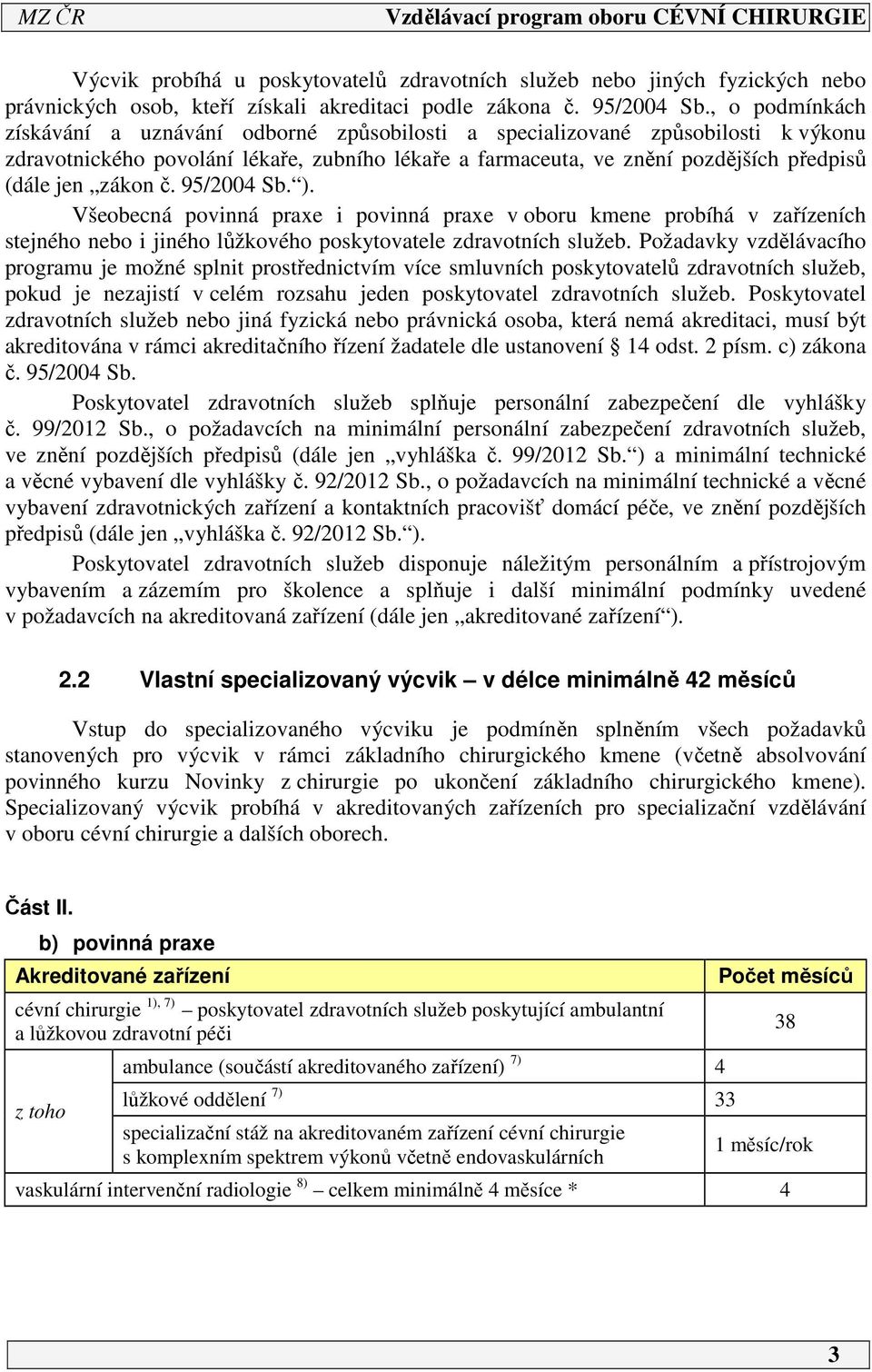 zákon č. 95/004 Sb. ). Všeobecná povinná praxe i povinná praxe v oboru kmene probíhá v zařízeních stejného nebo i jiného lůžkového poskytovatele zdravotních služeb.