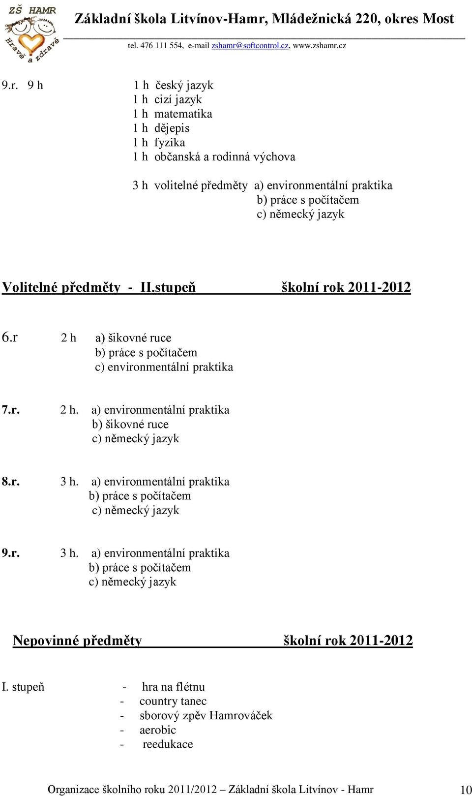 r. 3 h. a) environmentální praktika 9.r. 3 h. a) environmentální praktika Nepovinné předměty školní rok 2011-2012 I.